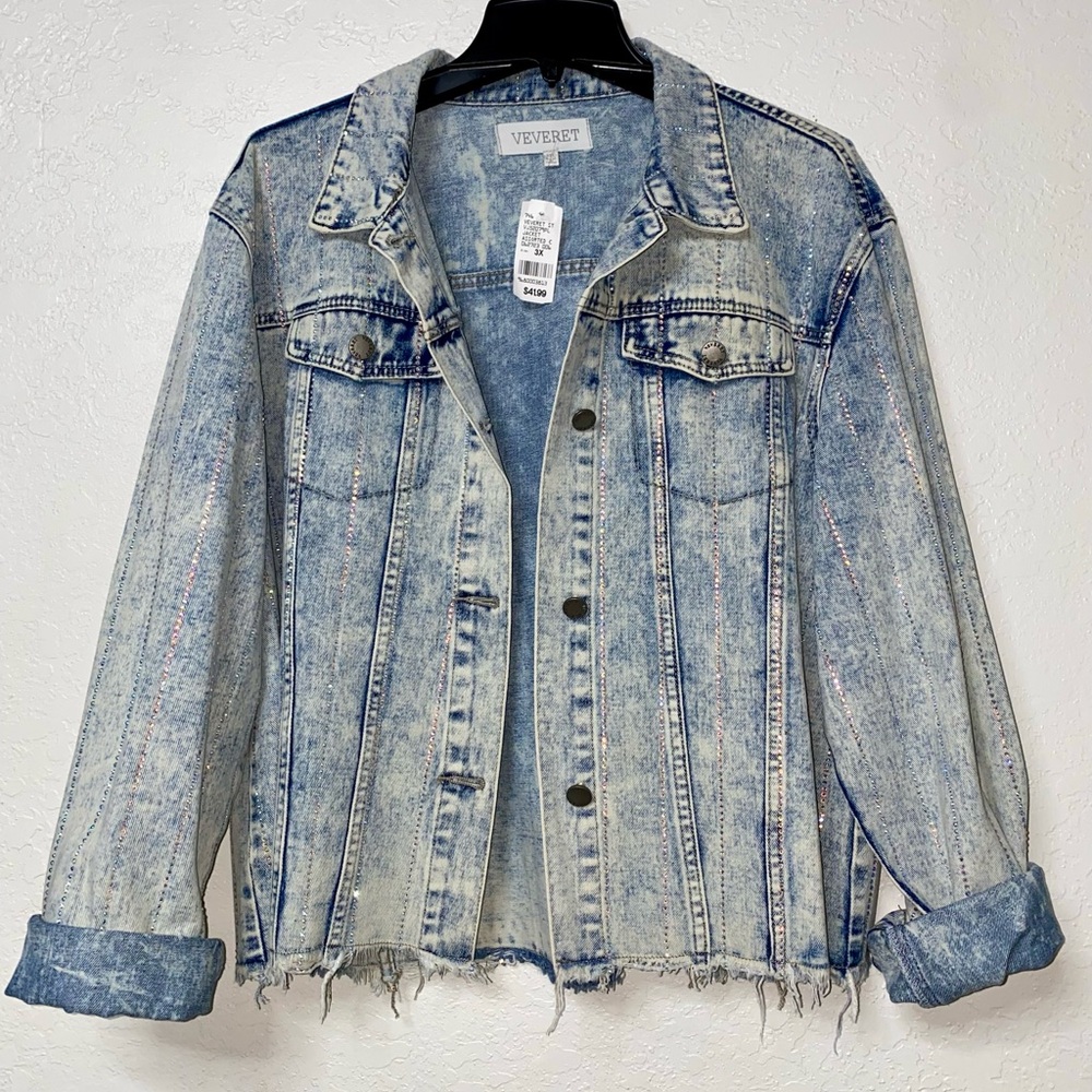 Plus Size Boutique Blue Denim Distressed Diamond Jacket Size 3X
